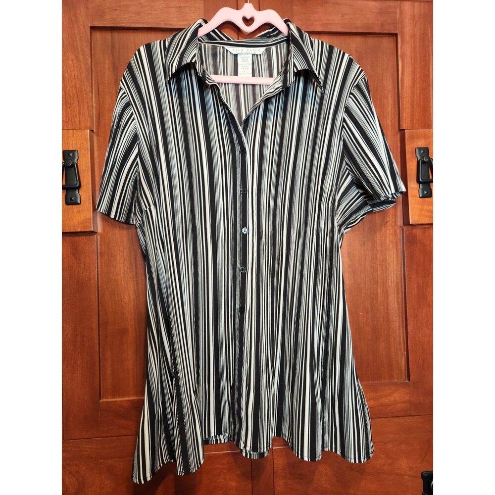 Fred David Woman Black and White Striped Button Down Top Flared Hem Size 18/20W
